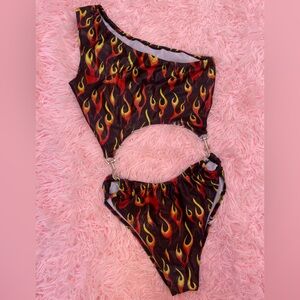 Fire Print, High-Waisted, Cut-out Rave Bodysuit with Metal Clasps - Small S